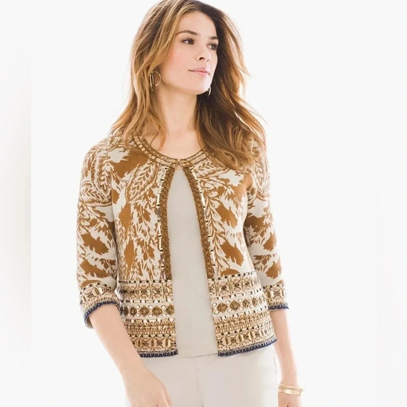 Chico’s Embellished Pattern Cardigan Sweater size medium Golden Ochre career - Picture 1 of 13